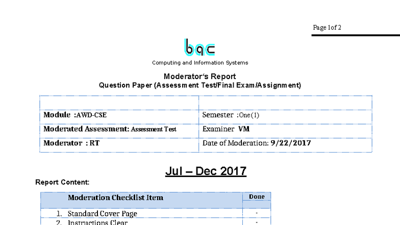 CSE Year 3 Assessment Test Moderation Report - Sem 1 2017 - Studocu