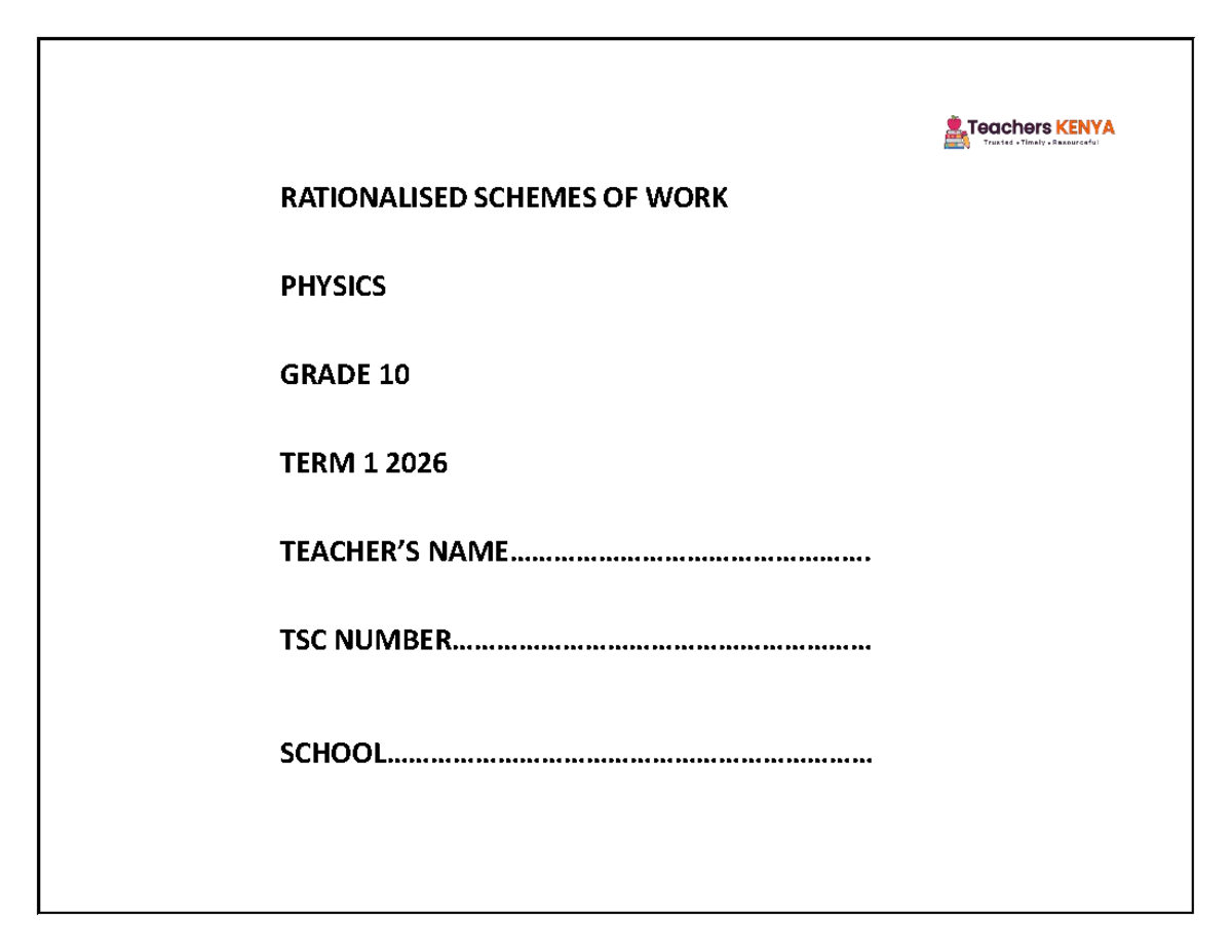 TERM 1 2026 GRADE 10 PHYSICS SCHEMES OF WORK - Studocu