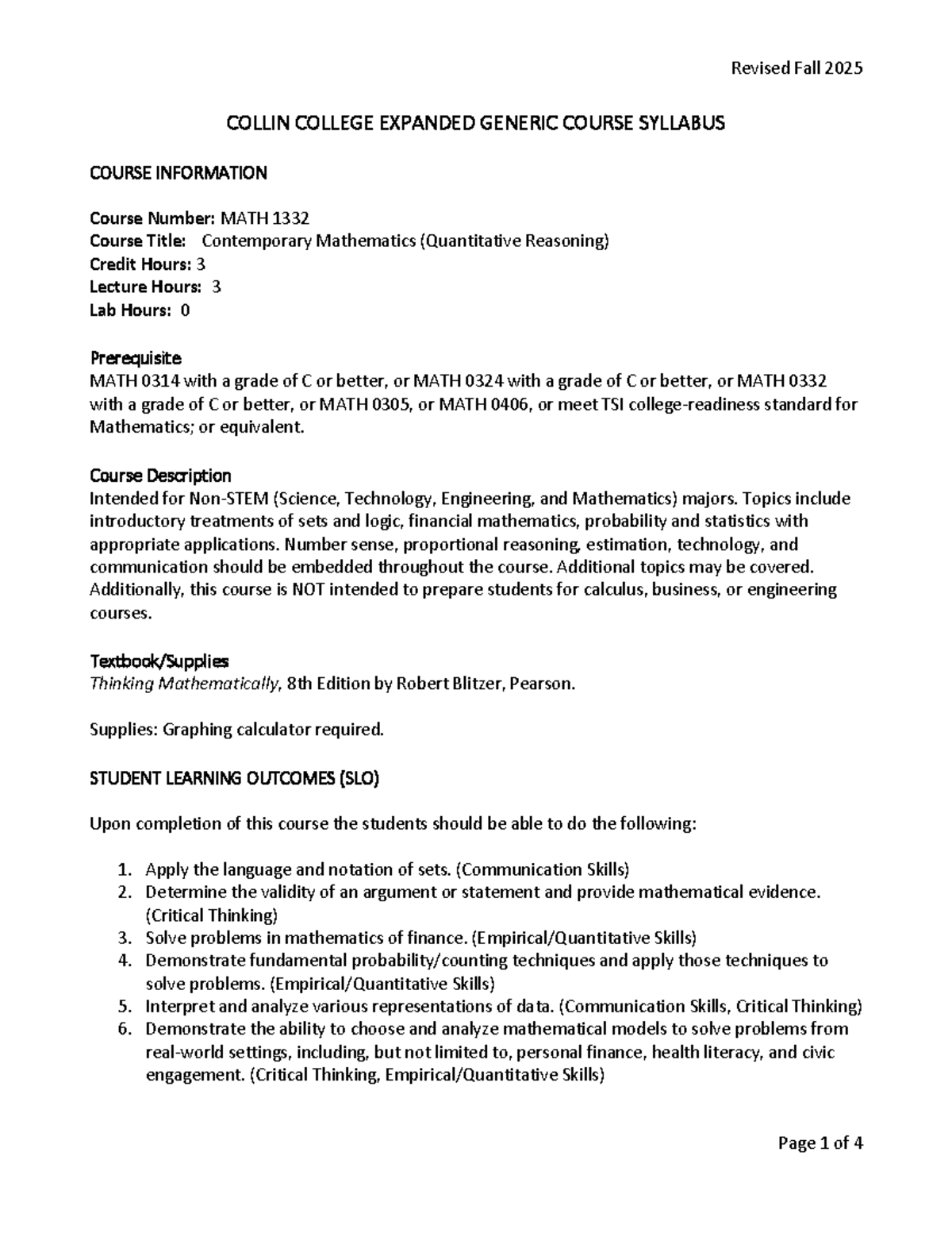 Syllabus for MATH 1332: Contemporary Mathematics (Fall 2025) - Studocu