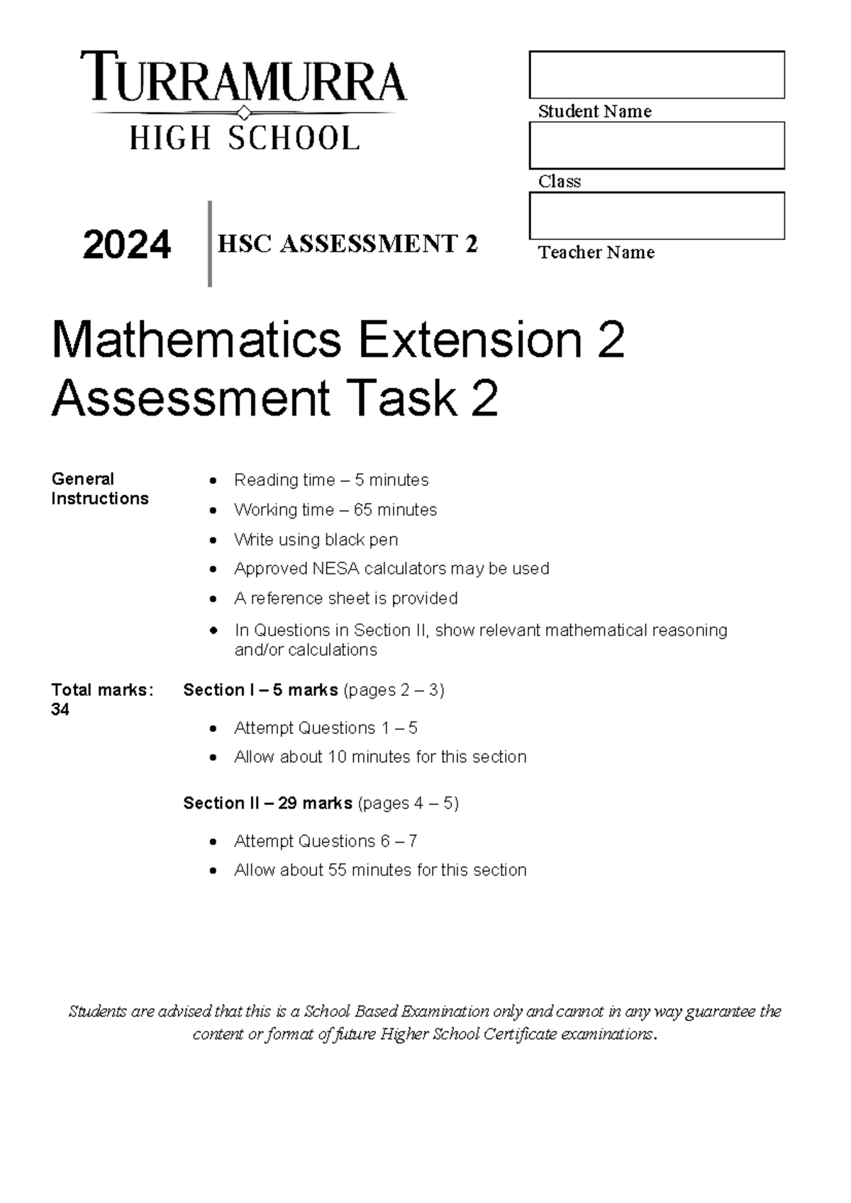 2024 HSC Mathematics Ext 2 Assessment Task 2 Instructions & Questions ...