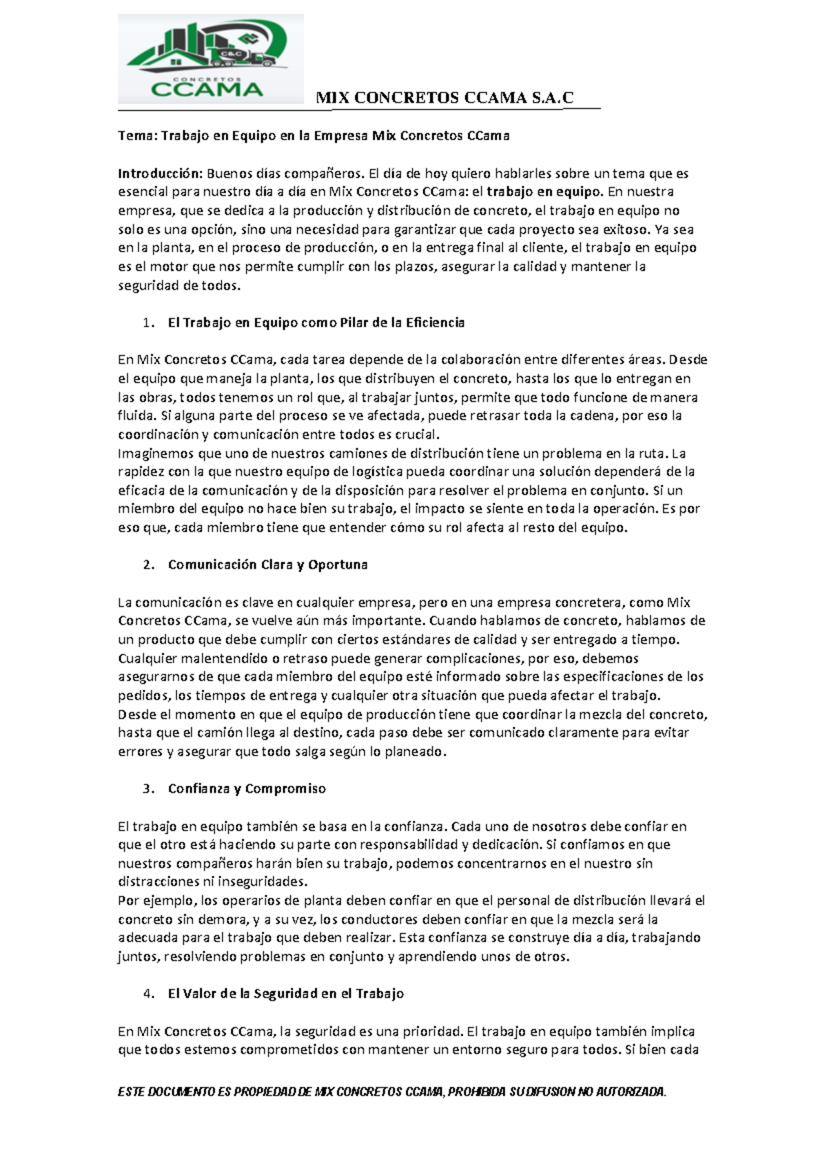 Trabajo en equipo - Bdbbd - MIX CONCRETOS CCAMA S.A ESTE DOCUMENTO ES ...