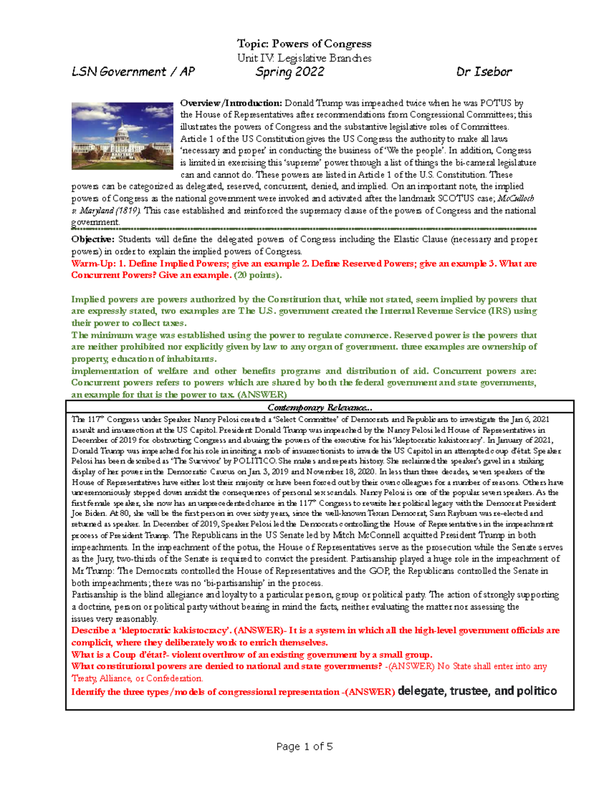 2022 Spring Powers OF Congress - Unit IV: Legislative Branches LSN ...