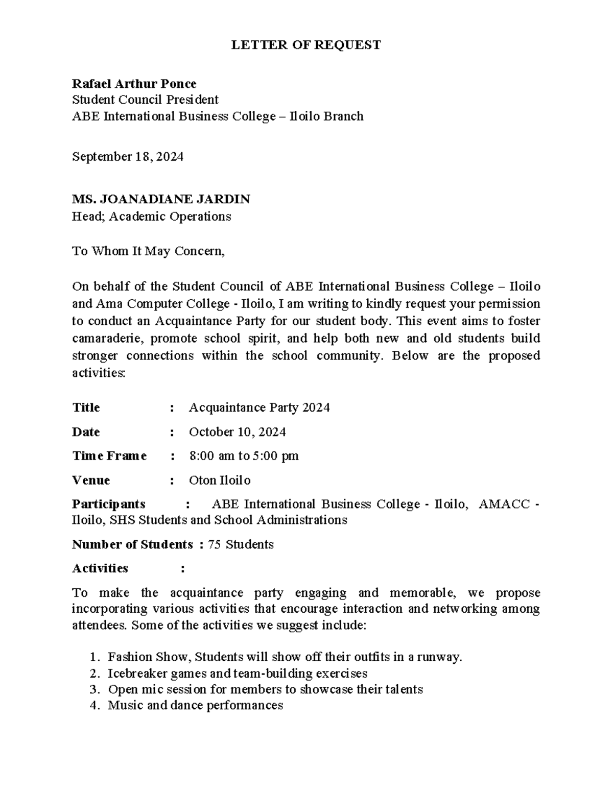 Proposal for Acquaintance Party 2024 at ABE International Business ...