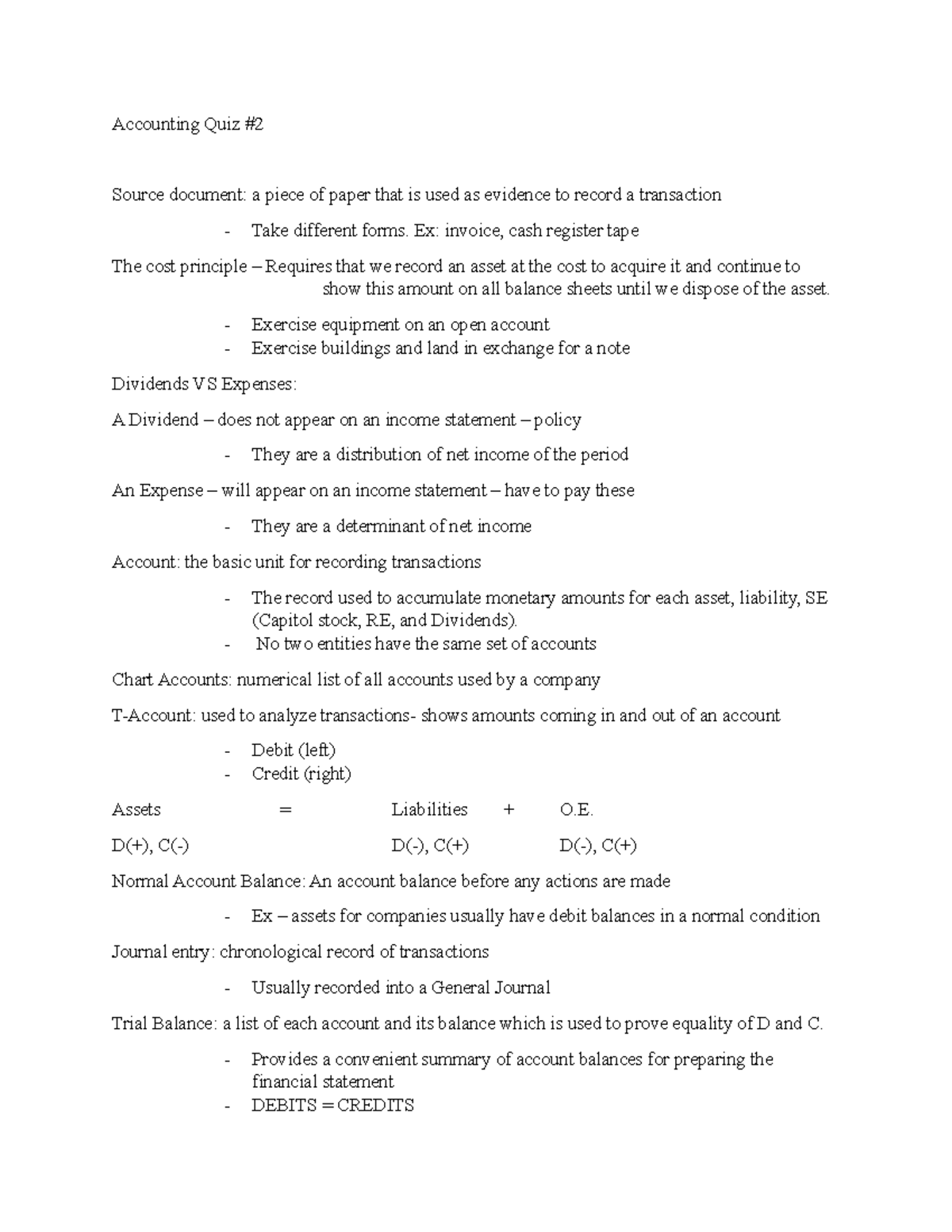 Accounting Quiz 2 Notes: Key Concepts and Definitions - Studocu
