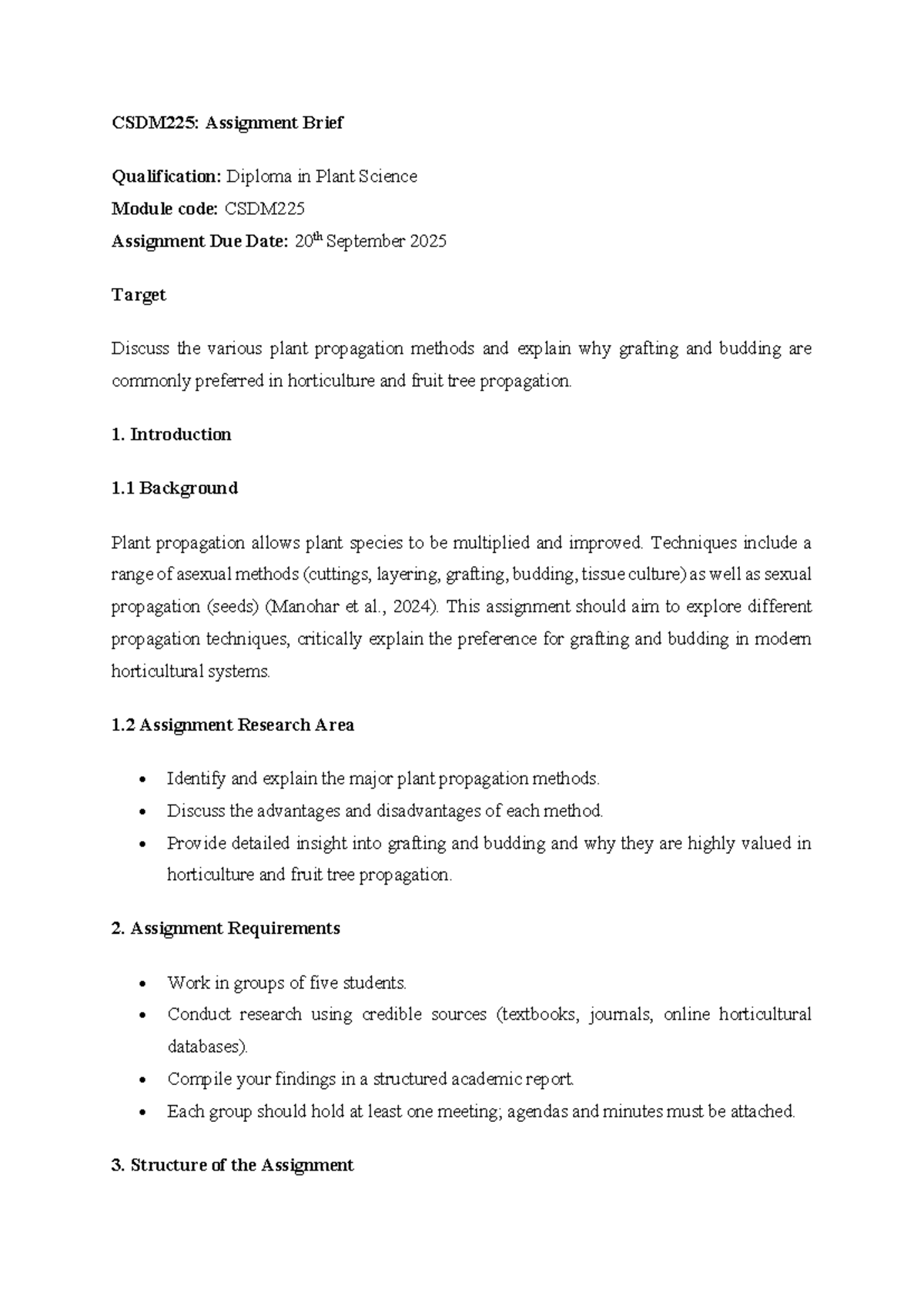 CSDM225: Assignment on Plant Propagation Methods and Grafting - Studocu