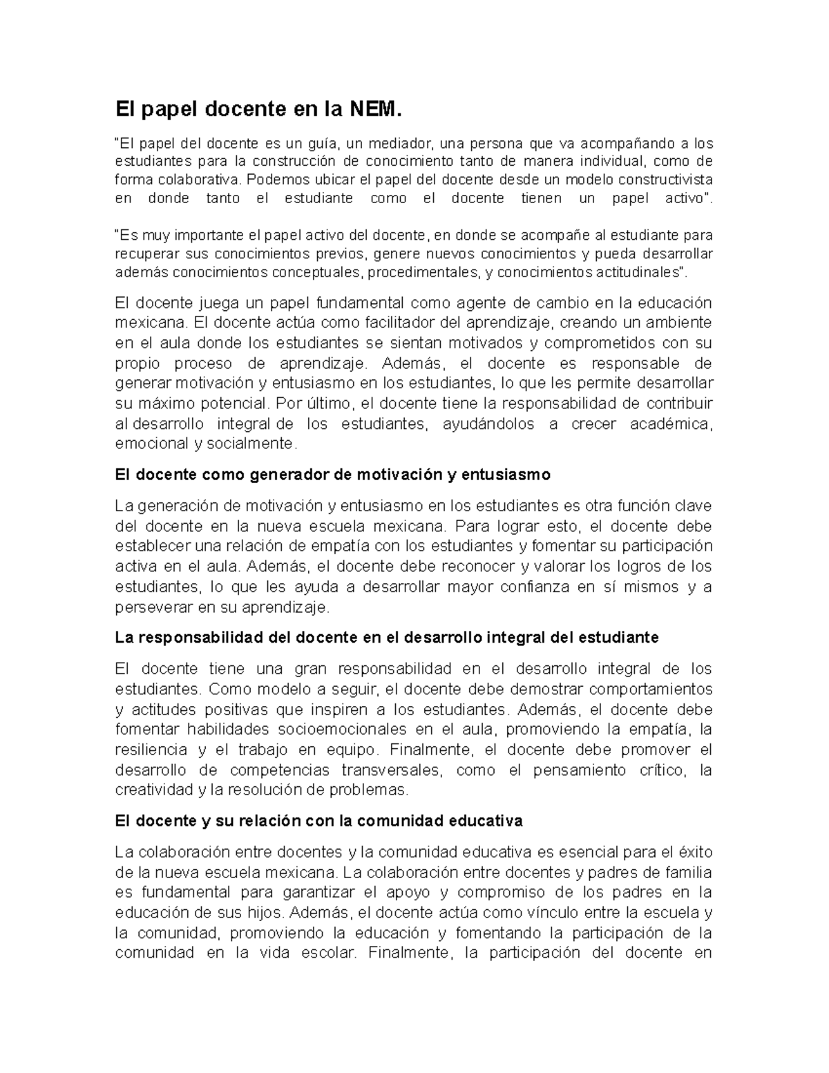El rol del docente en la NEM: Agente de cambio educativo - Studocu
