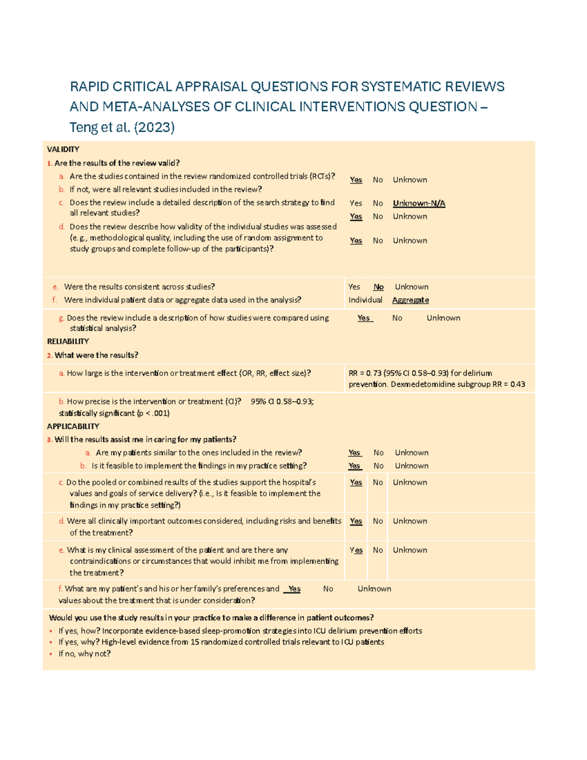 RAPID CRITICAL APPRAISAL QUESTIONS FOR SYSTEMATIC REVIEWS - Week 5