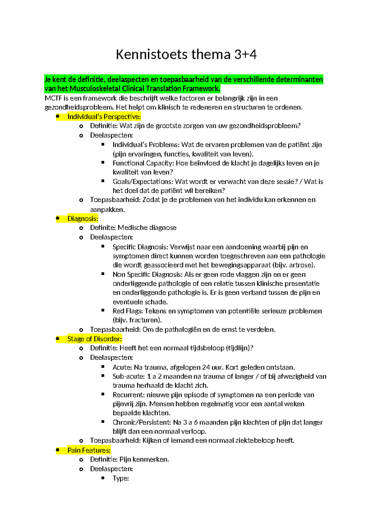Kennistoets Fysiotherapie: Thema's 3 en 4 MCTF Analysematrix - Studeersnel