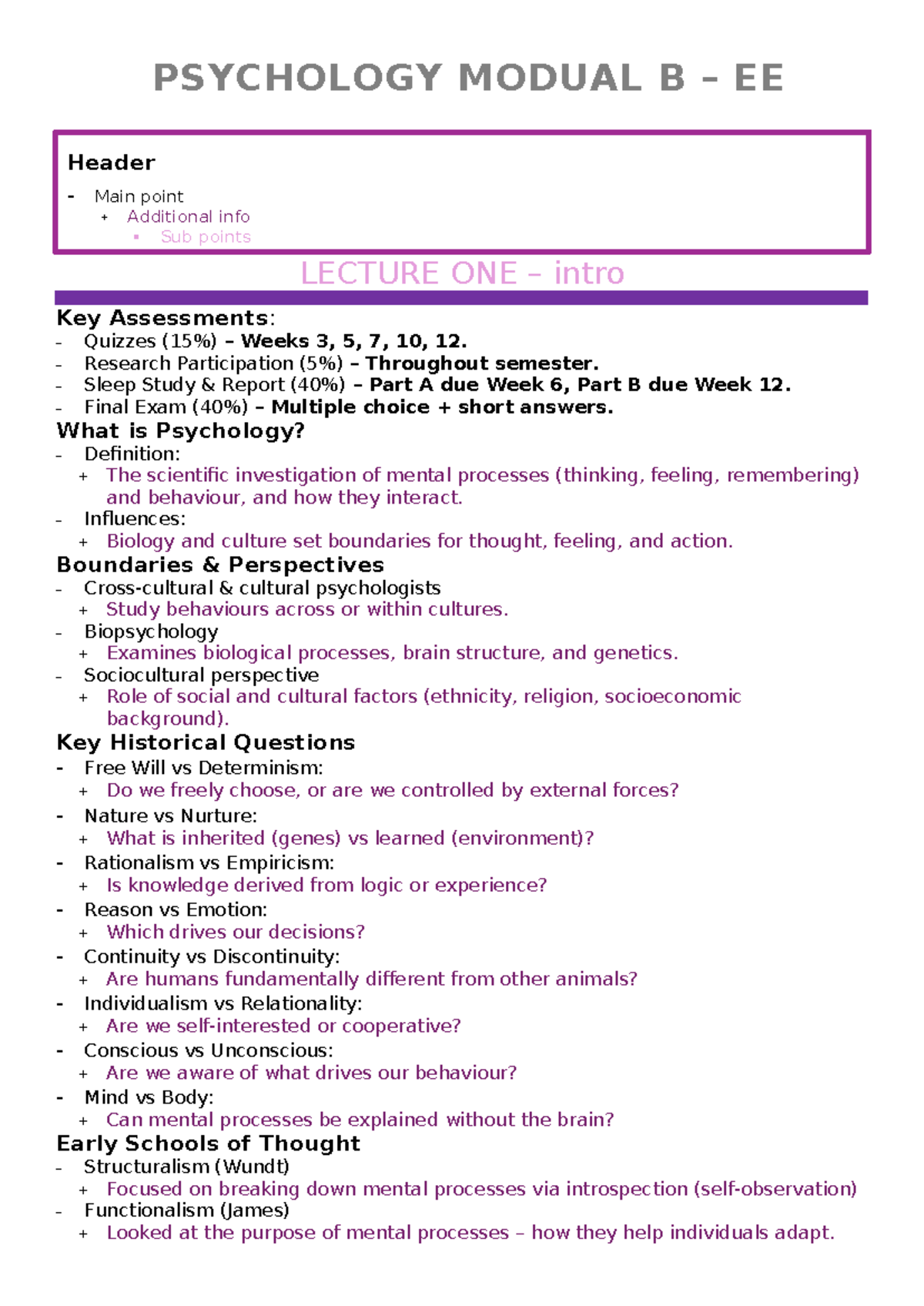 Y1 S2 PSYCH MOD B - Comprehensive Lecture Overview - Studocu