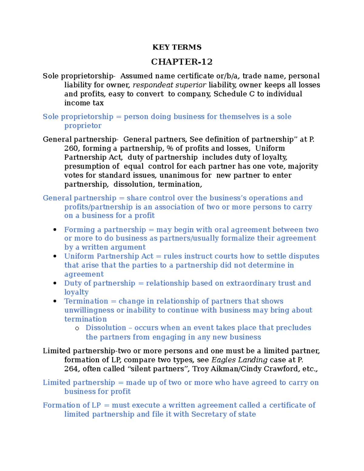 BLAW 3310- Key Terms Chapters 12 and - KEY TERMS CHAPTER- Sole ...