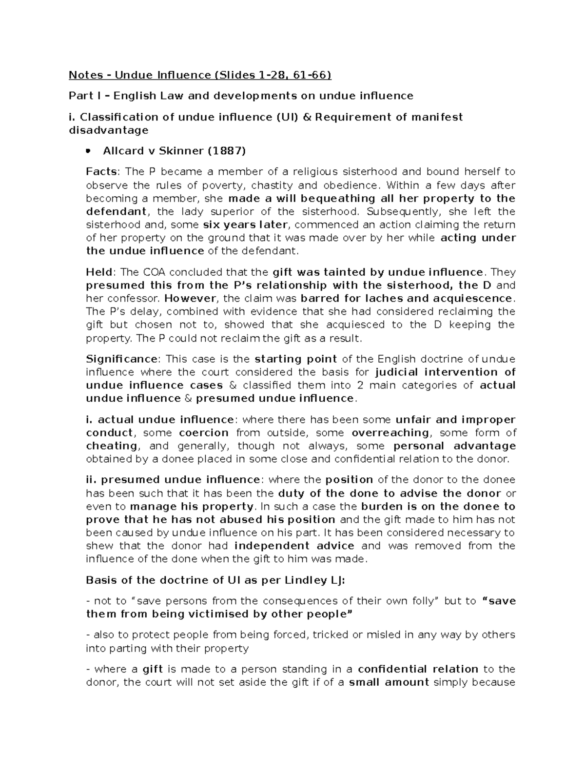 Final Exam Notes - Undue Influence (Law 101) - Document Preview