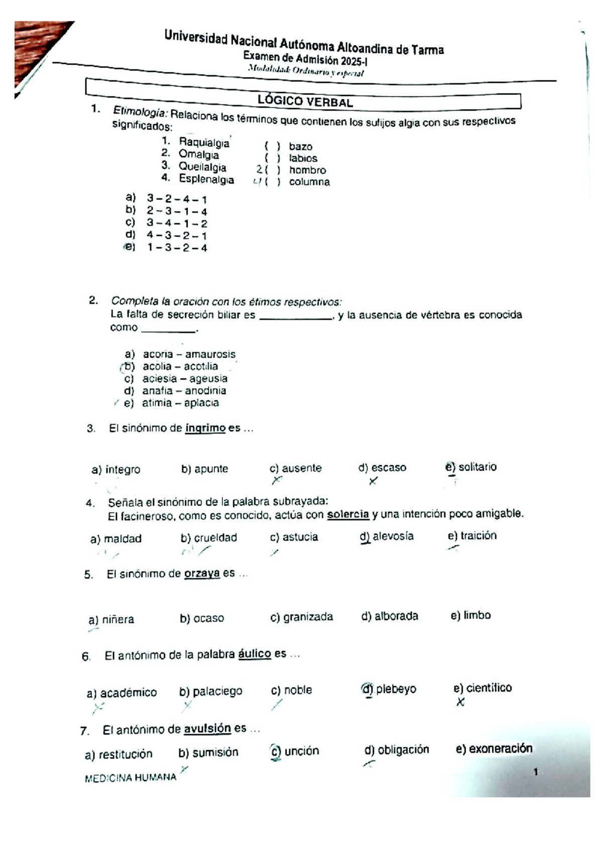 Examen de admisión 2025 - Universidad Nacional Autónoma Altoandina - Document Preview