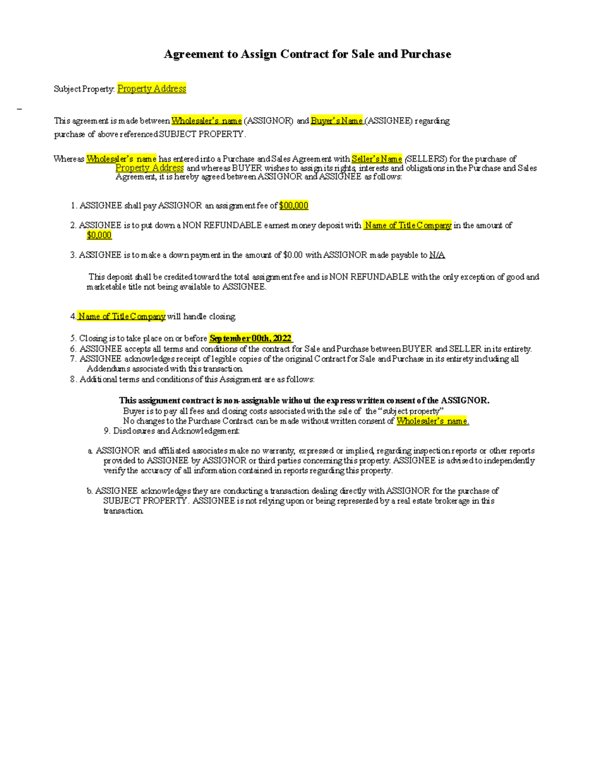 Assignment Agreement - Dnnssnh - Agreement to Assign Contract for Sale ...