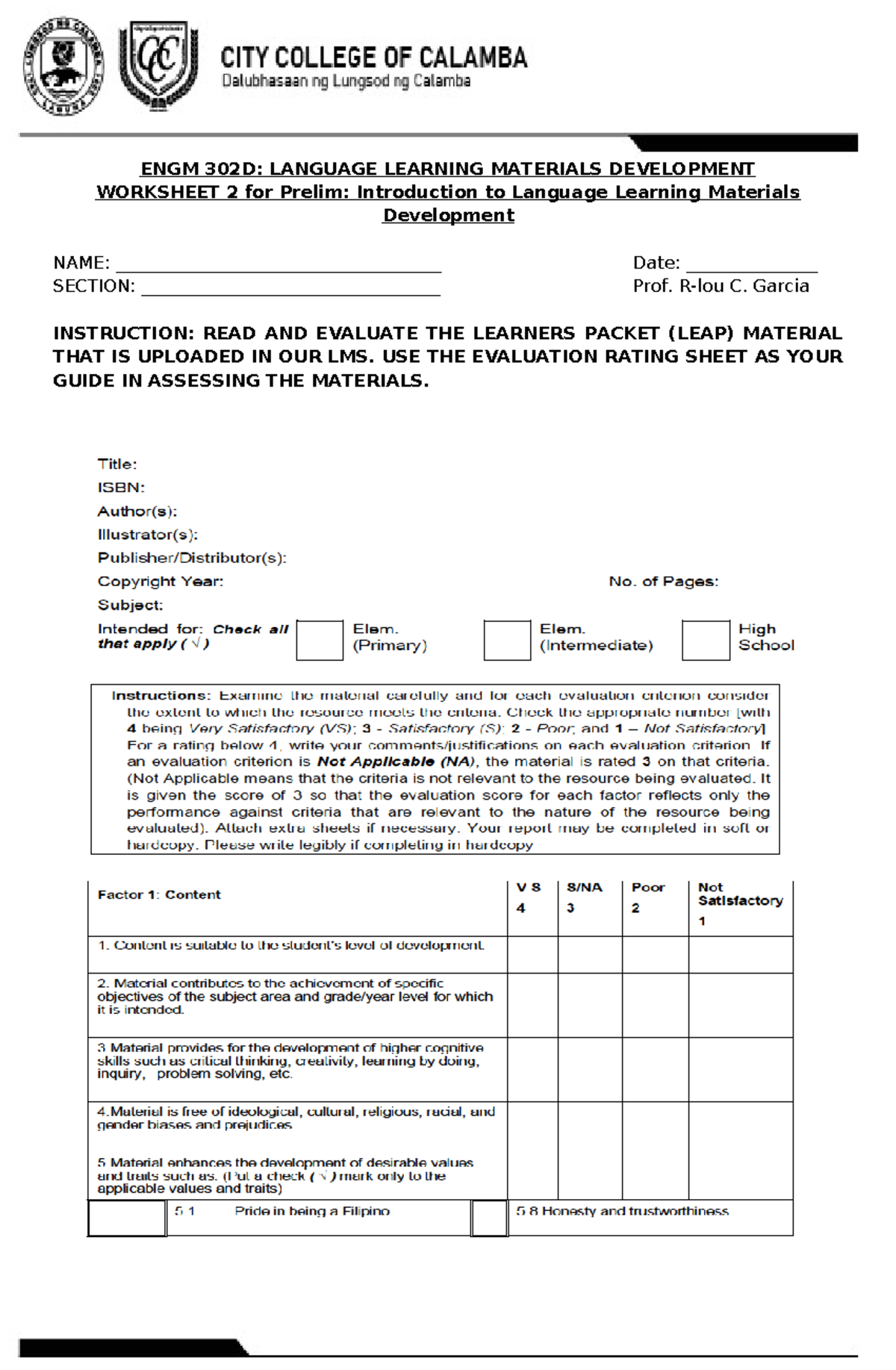 LLMD Worksheet 2 - Education - ENGM 302D: LANGUAGE LEARNING MATERIALS ...