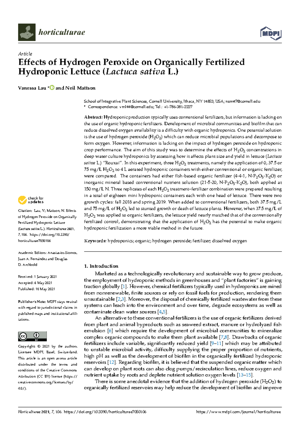 Effects of Hydrogen Peroxide on Organically Fertil - horticulturae ...