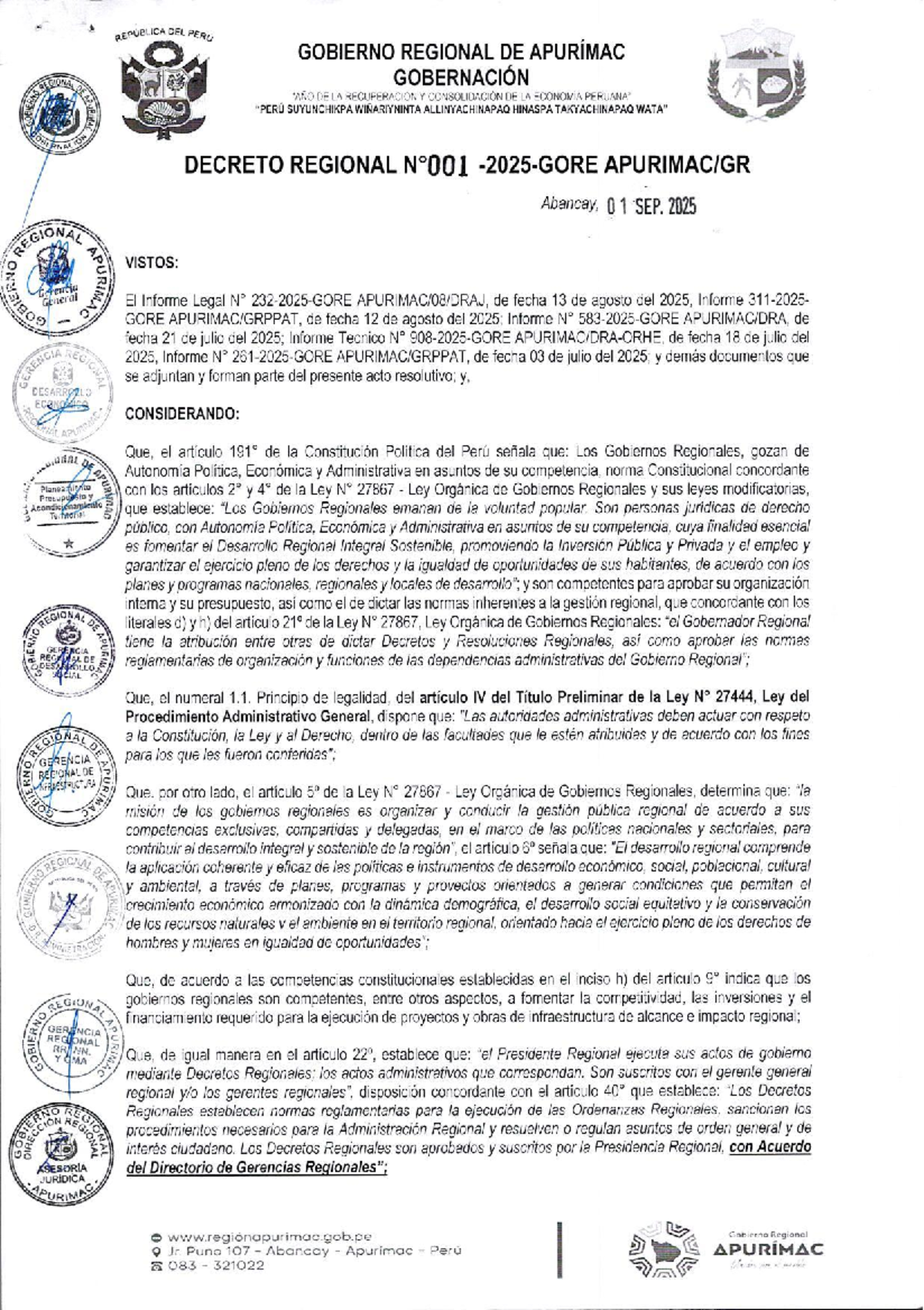 Decreto Regional N°001-2025-GORE Apurímac: Nueva Escala Remunerativa - Document Preview