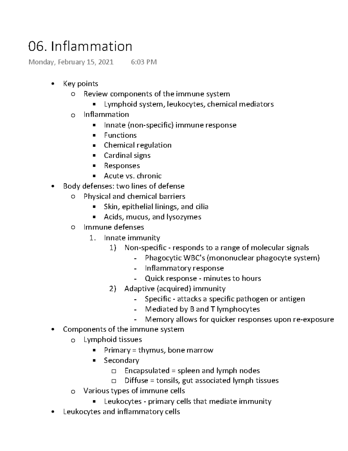 06. Inflammation: Key Notes on Immune Response Mechanisms - Studocu