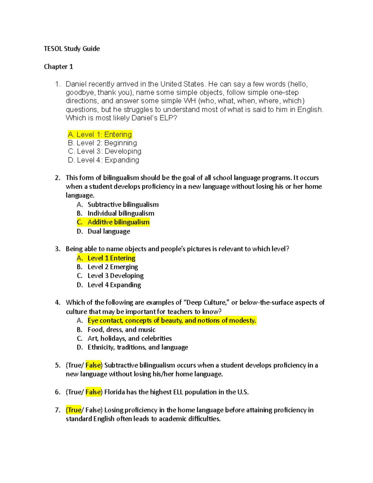 Tesol Study Guide - TESOL Study Guide Chapter 1 Daniel recently arrived ...