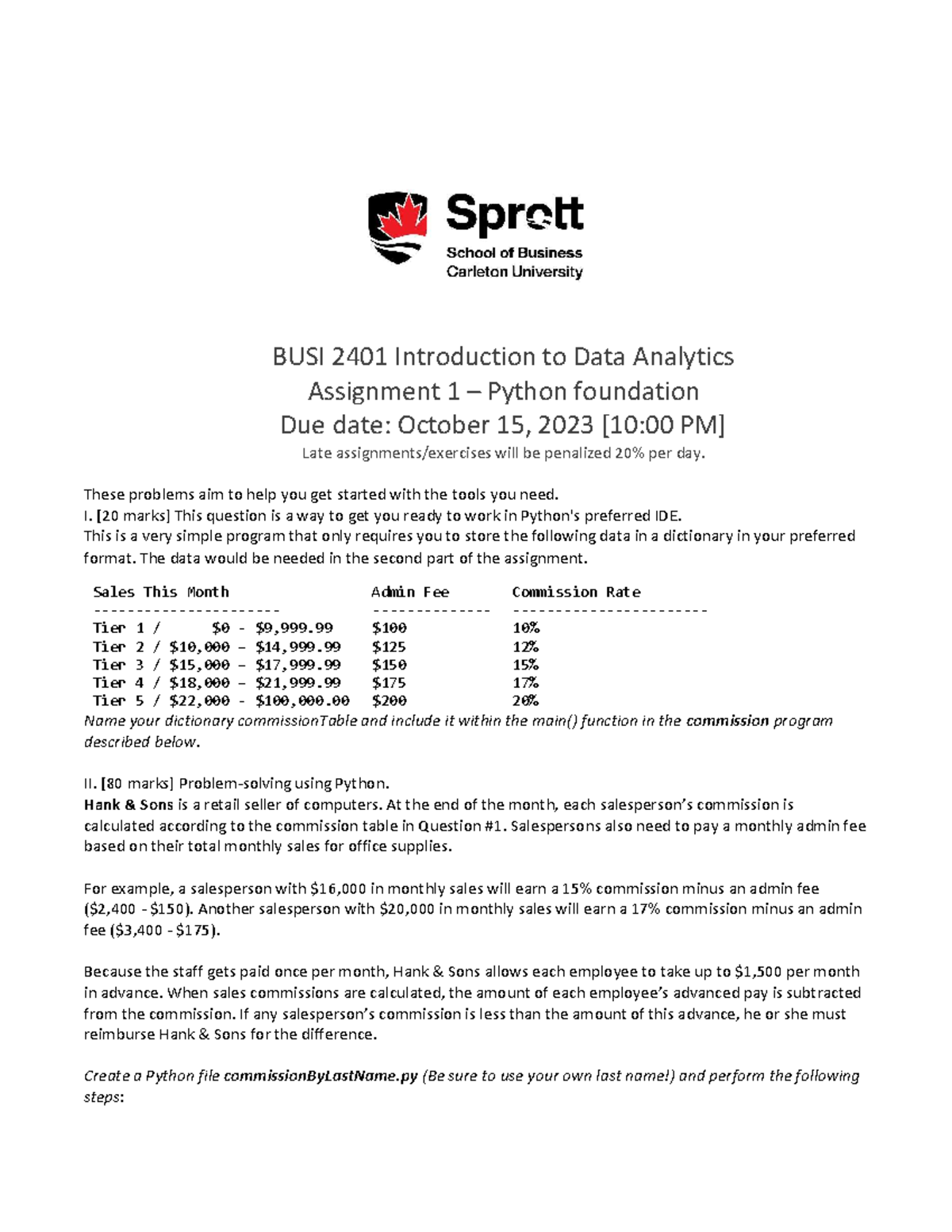 BUSI 2401 Assignment 01: Intro to Python Data Analytics - Studocu
