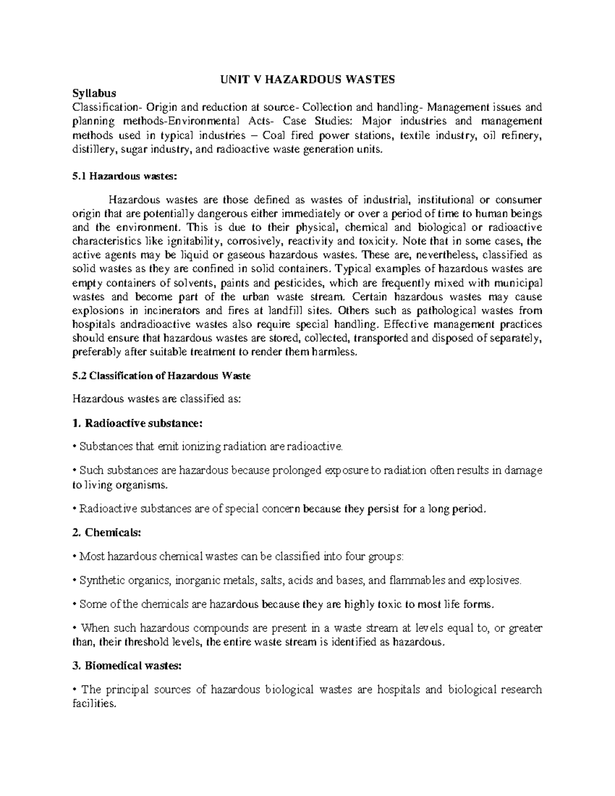 19OCE421 T SWM Unit 5: Hazardous Waste Management Notes - Studocu