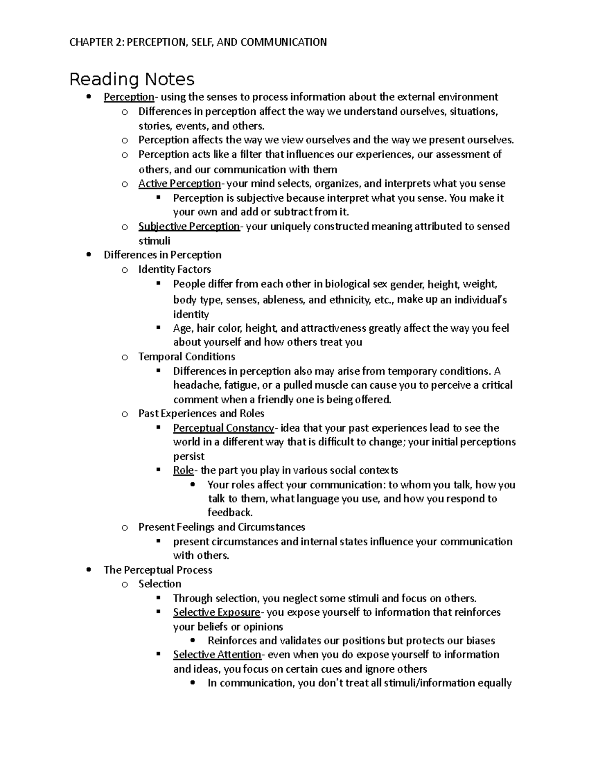 Chapter 2 Reading Notes: Perception in Human Communication (UCF) - Studocu