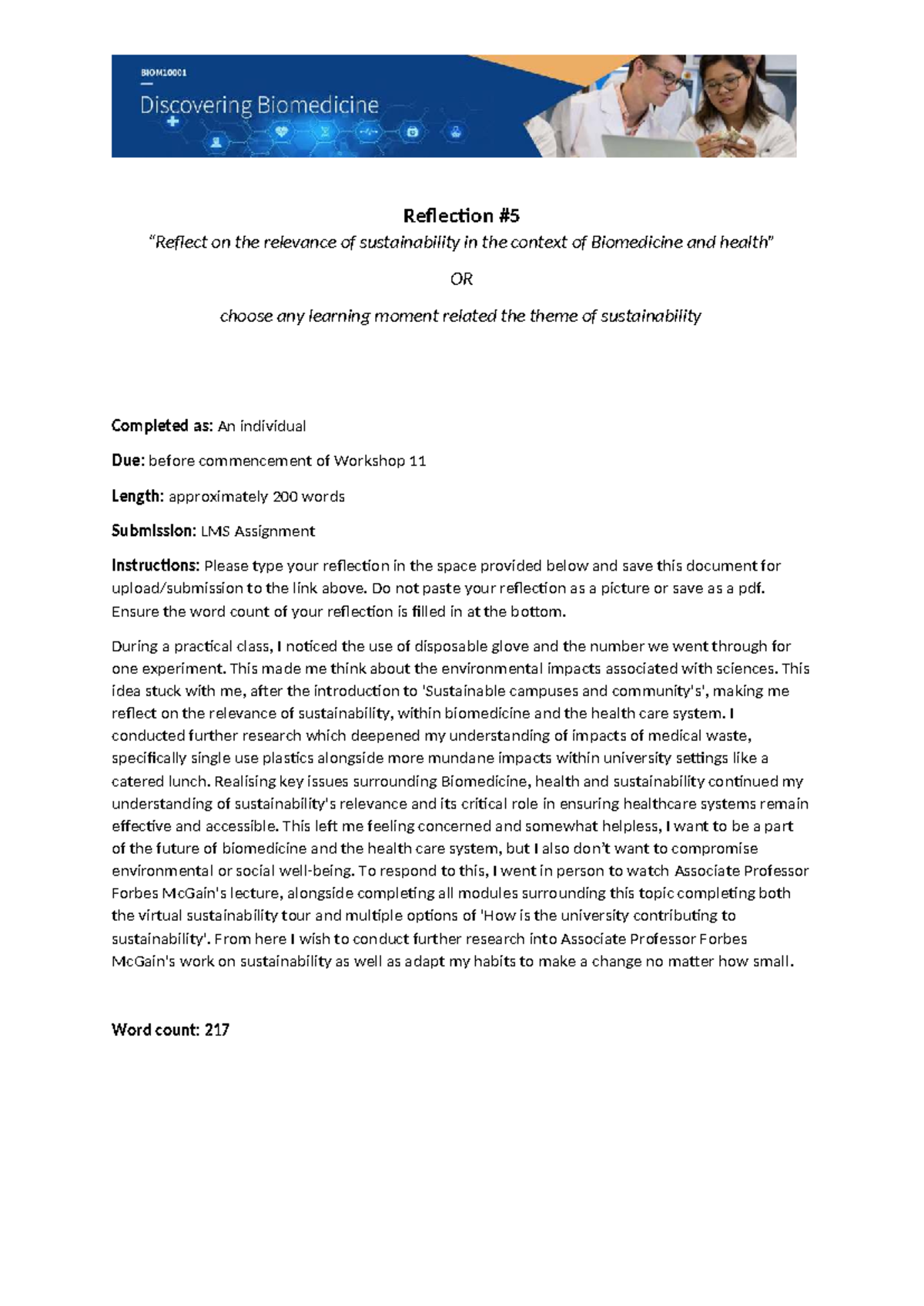 BIOM10001 Reflection on Sustainability in Biomedicine and Health - Studocu