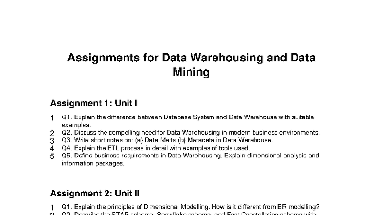 Data Warehousing and Data Mining Assignments (Unit I & II) - Studocu