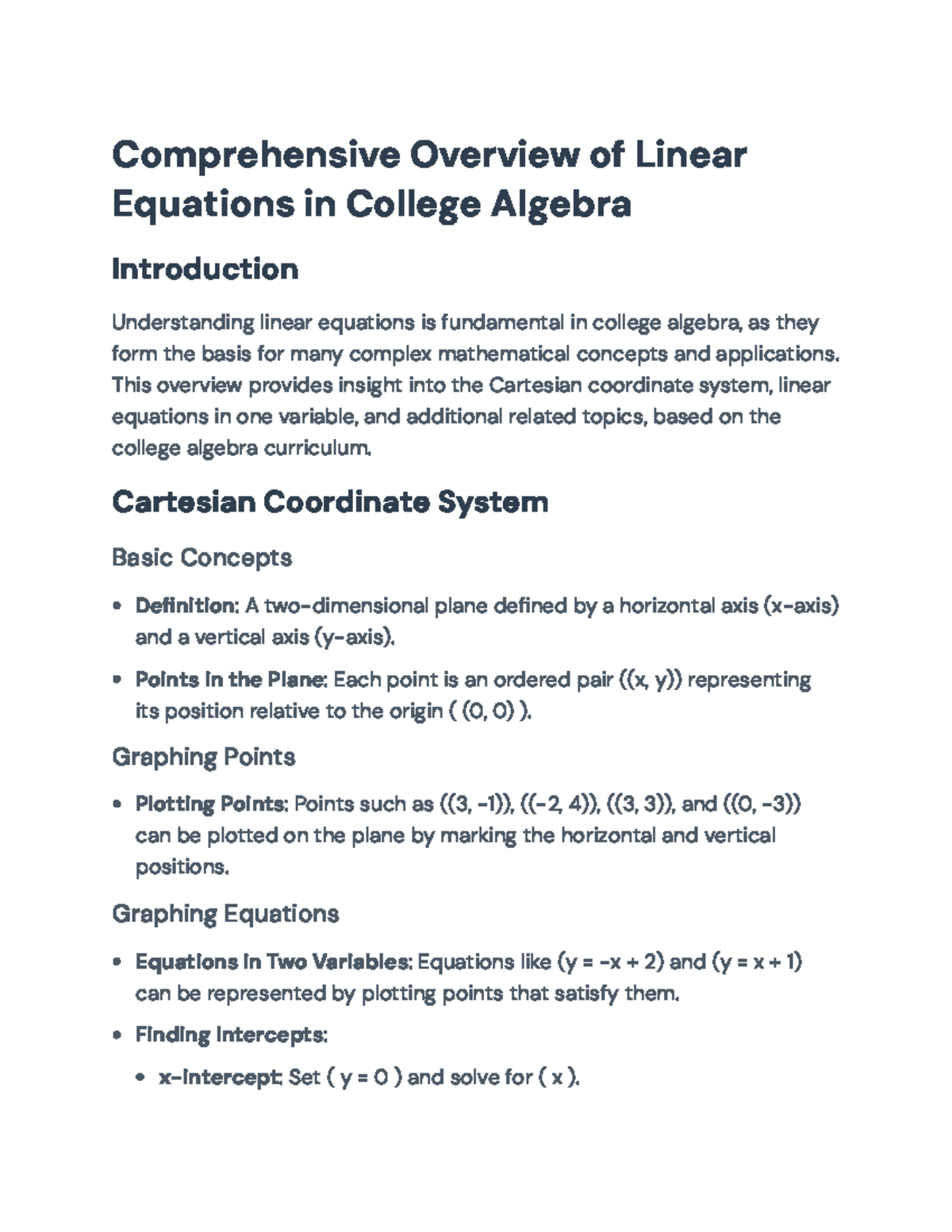 Comprehensive Overview of Linear Equations in College Algebra ...
