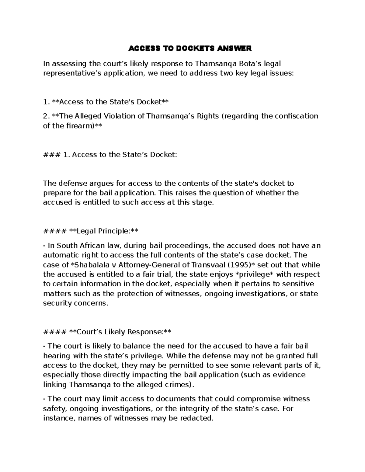Legal Analysis of Access to Dockets & Rights Violations in Case - Studocu