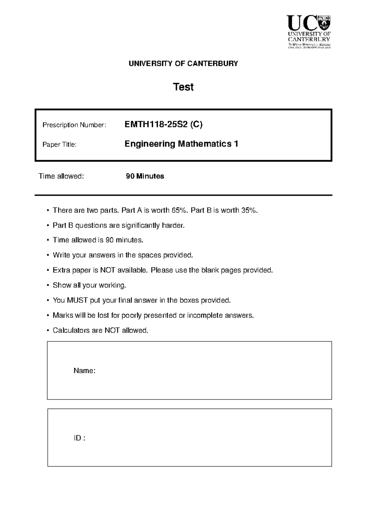 EMTH118 25S2 Engineering Mathematics 1 Test Instructions and Questions ...