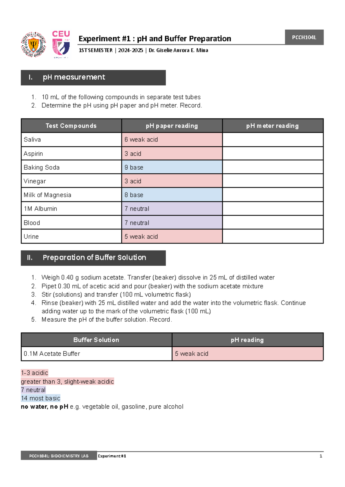 Biochem LAB - PCCH104L - GOODLUCK - Experiment #1 : pH and Buffer ...