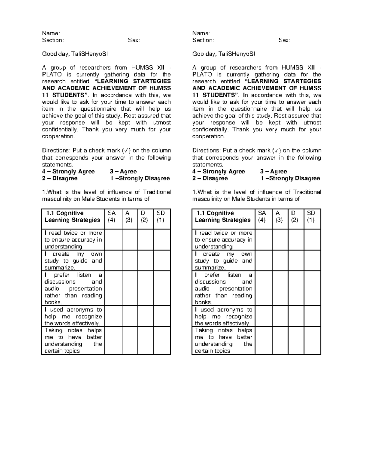 HUMSS XII PLATO Research Questionnaire on Learning Strategies - Studocu