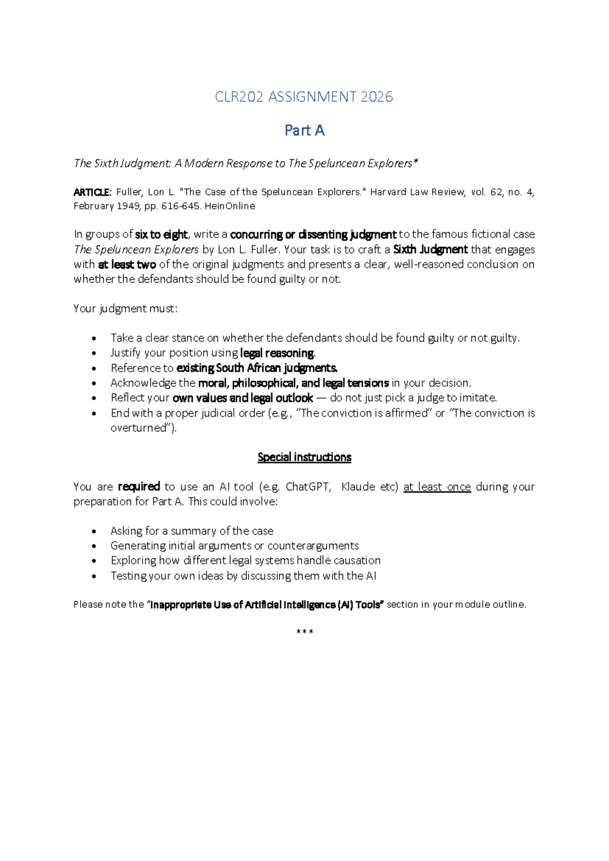 CLR202 ASSIGNMENT 2026: The Sixth Judgment & AI Reflection - Studocu