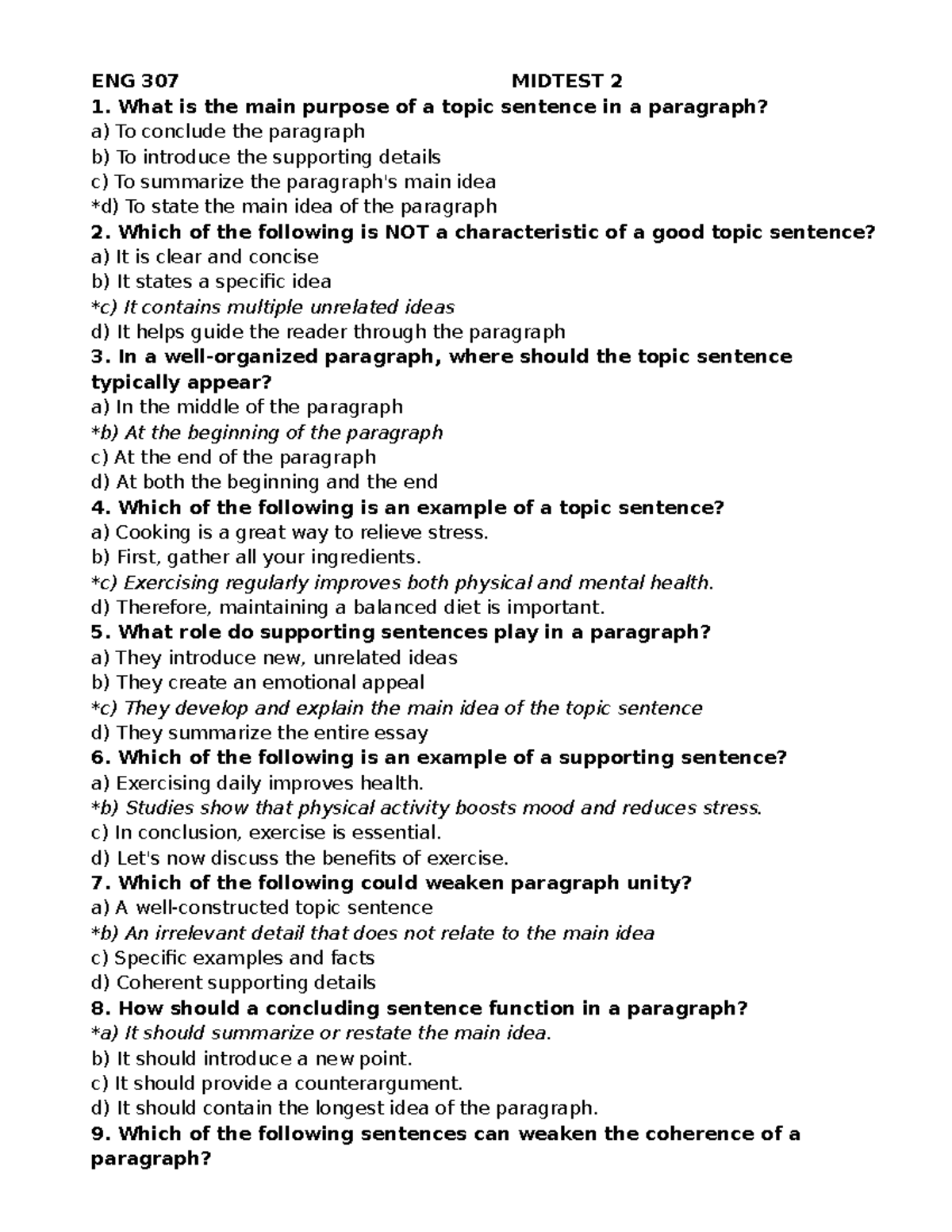 ENG 307 MIDTEST 2: Understanding Topic Sentences and Paragraph ...