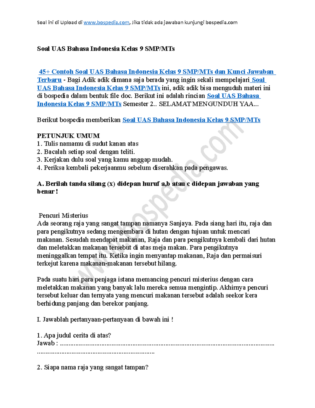 45+ Soal UAS Bahasa Indonesia Kelas 9 SMP/MTs & Kunci Jawaban - Studocu