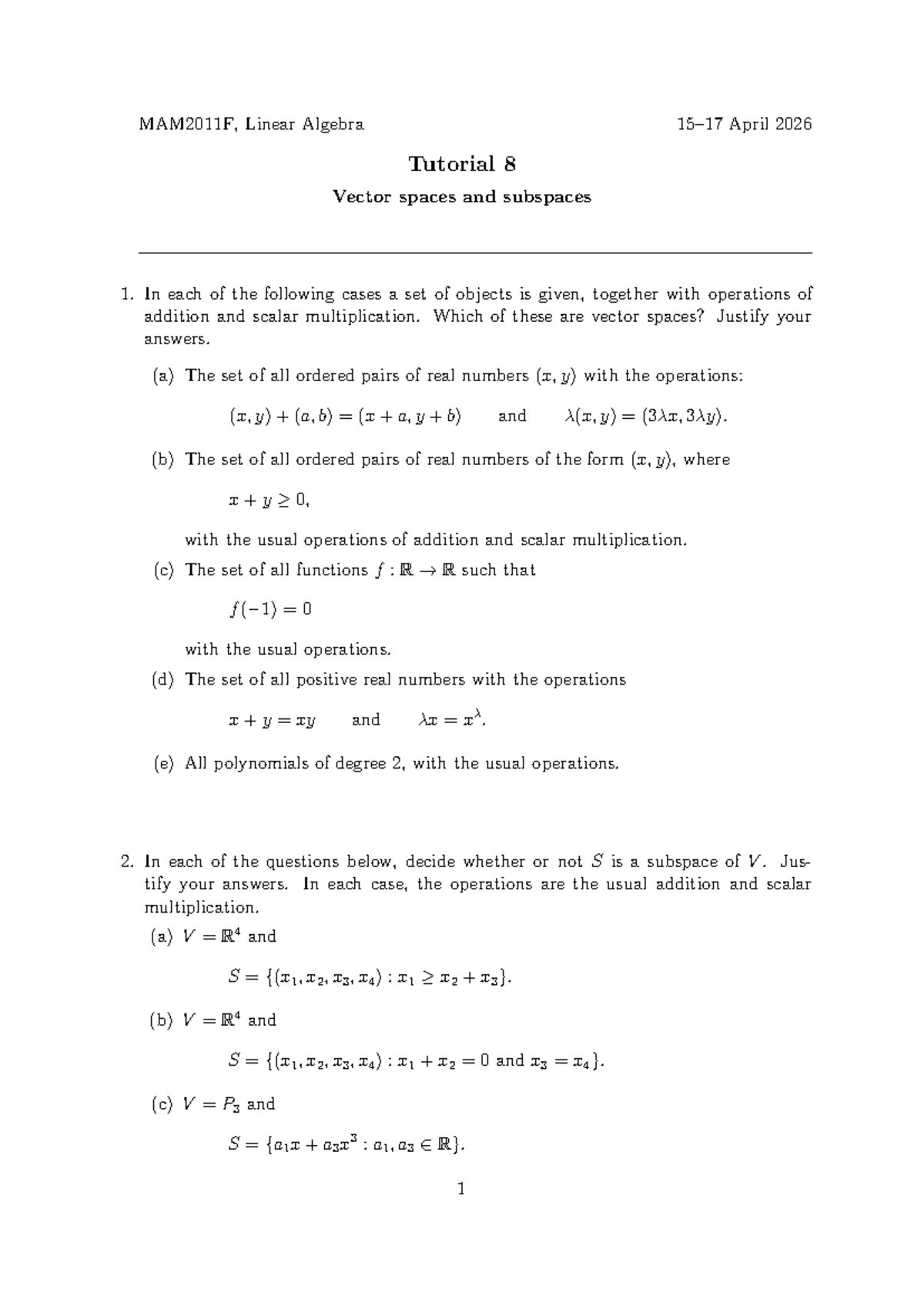 MAM2011F, Linear Algebra Tutorial 8: Vector Spaces & Subspaces - Studocu