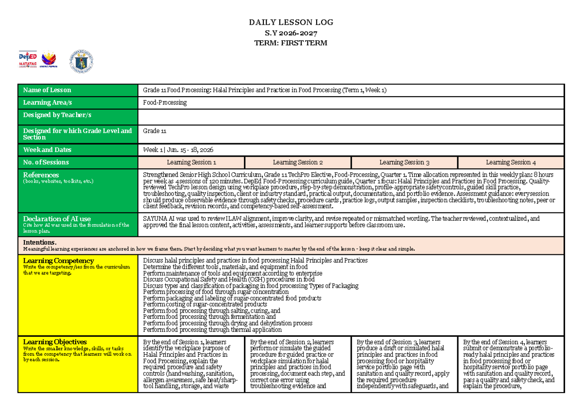 Grade 11 Food Processing: Halal Principles & Practices Lesson Plan ...