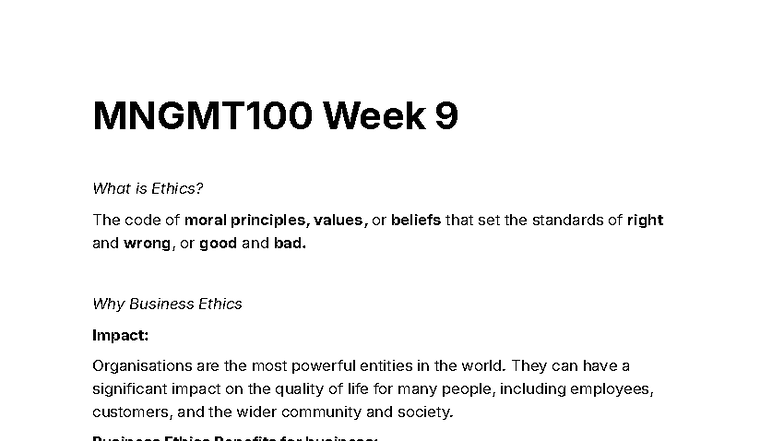 MNGMT100 Week 9 - Ethics in Business: Principles and Challenges - Studocu