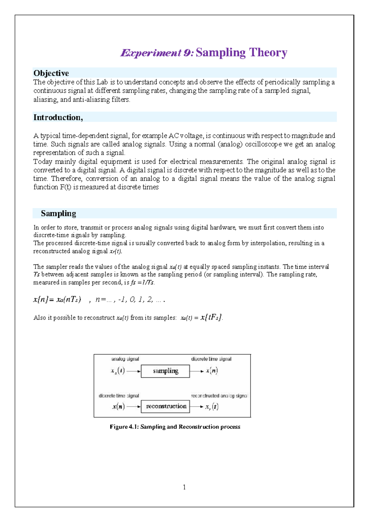 Experiment 9 Sampling Theory - Experiment 9 : Sampling Theory Objective ...
