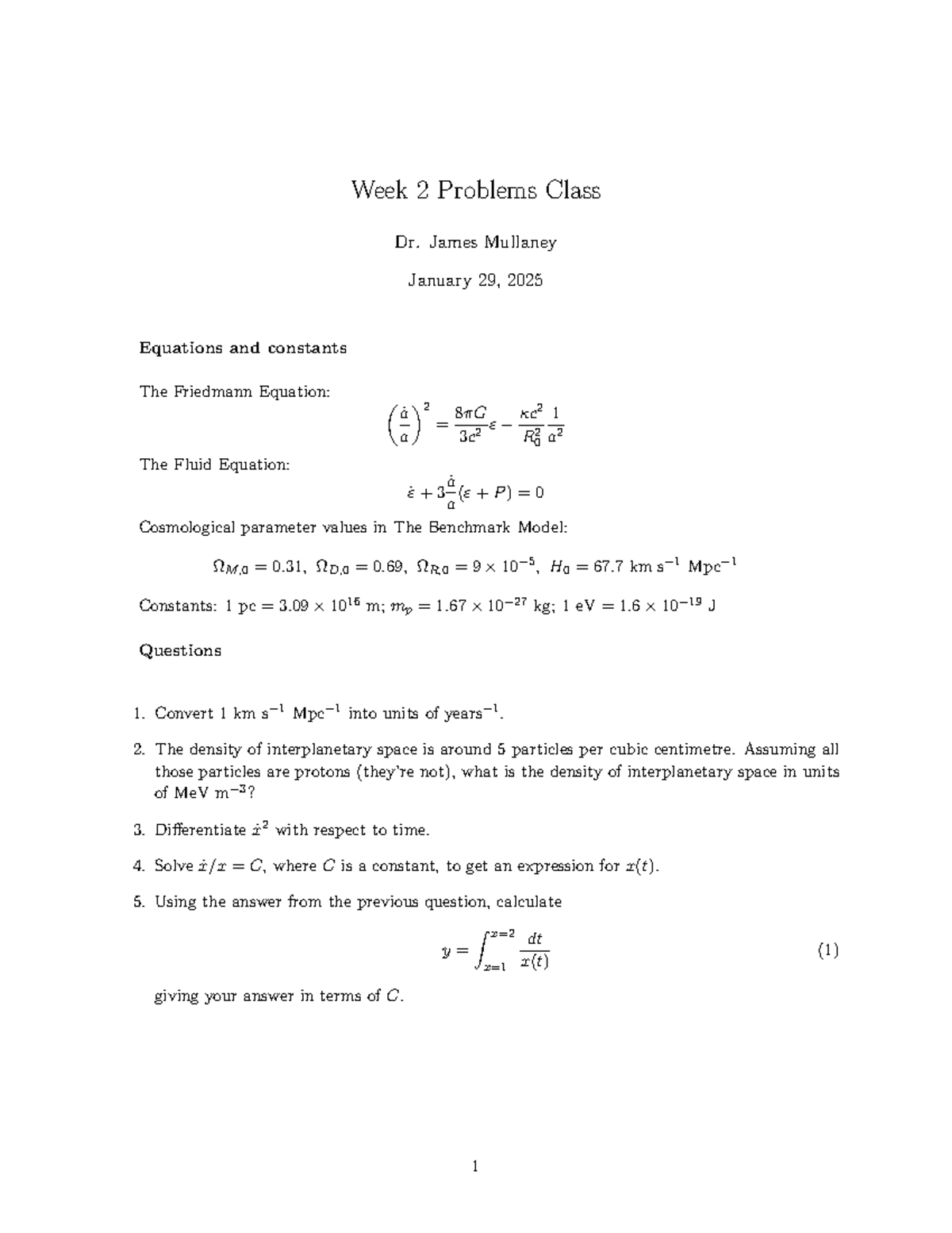 Cosmology Questions: Week 2 to Week 11 Problems (Class Dr. Mullaney ...
