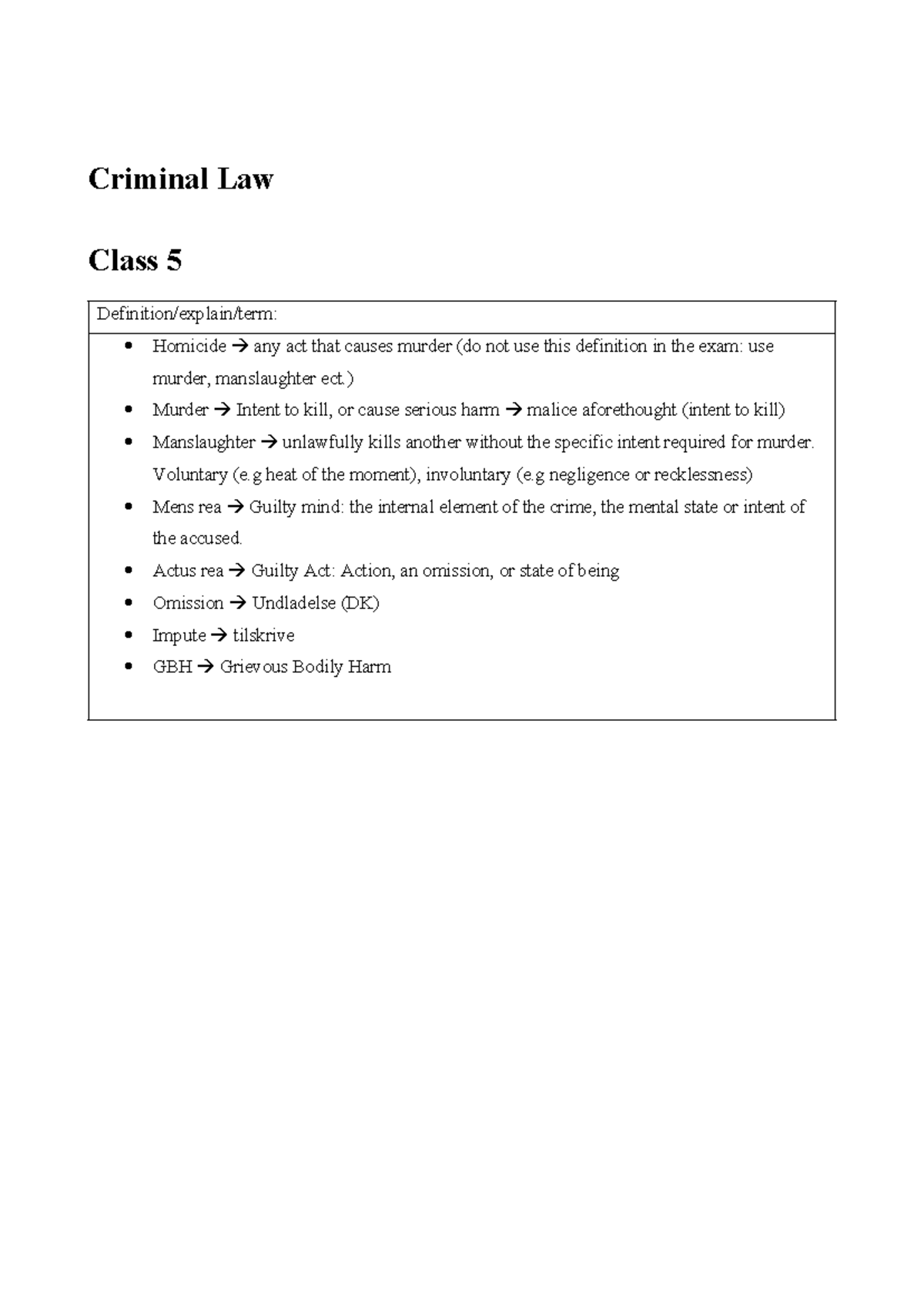 Criminal Law Class 5: Homicide - Key Concepts and Case Analysis - Studocu