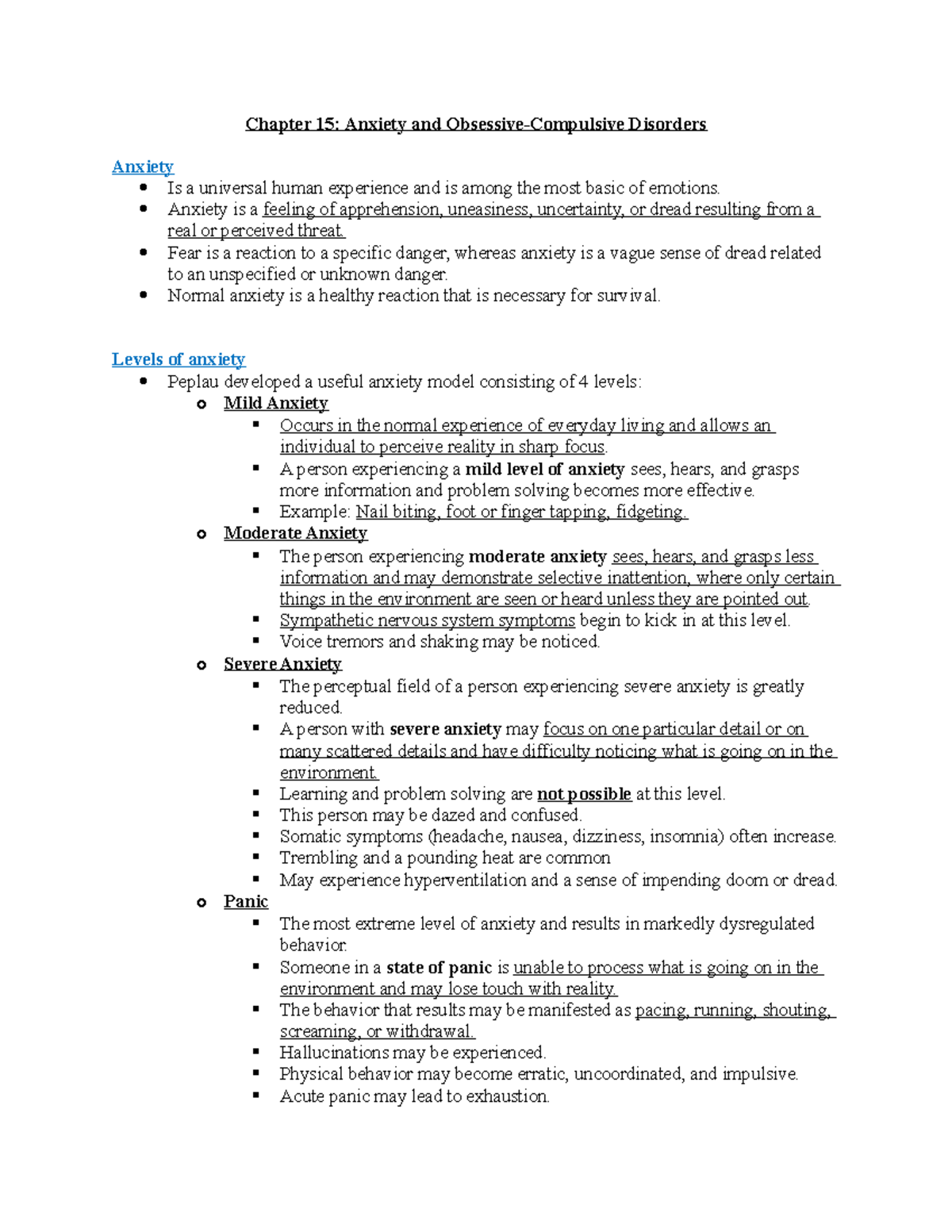 Chapter 15: Notes on Anxiety and Obsessive-Compulsive Disorders - Studocu
