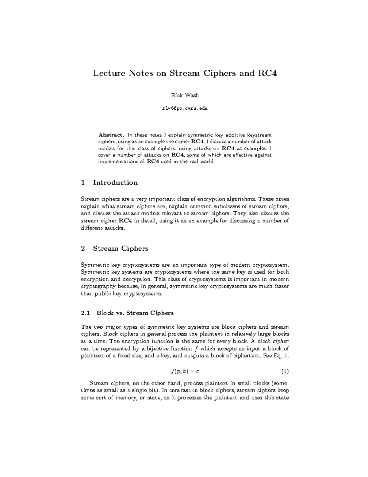 Lecture Notes on Stream Ciphers & RC4 (Course Code: Stream) - Studocu