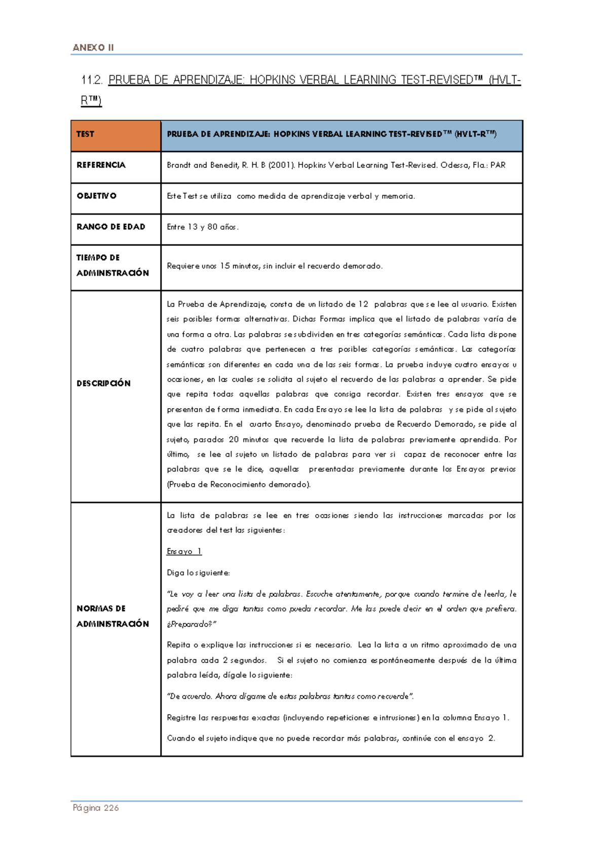 Prueba de Aprendizaje: Hopkins Verbal Learning Test (HVLT-R) - Studocu