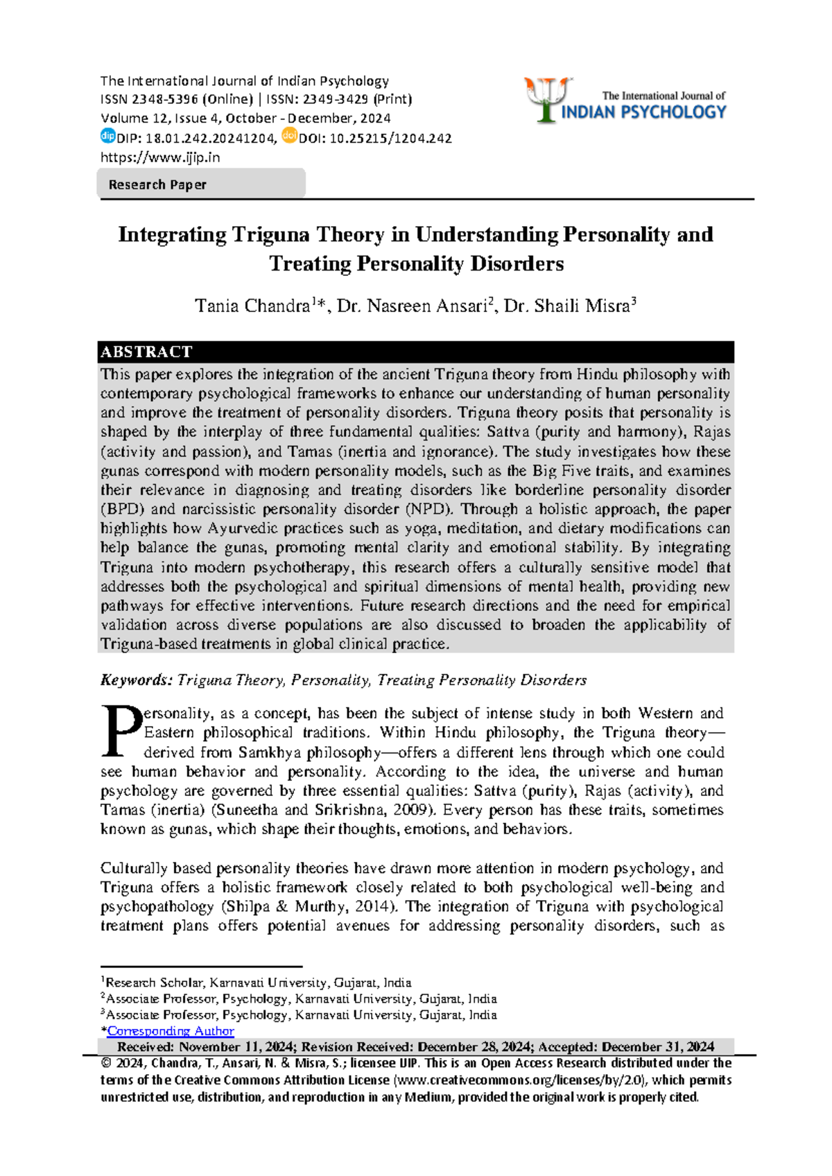 Integrating Triguna Theory in Personality Understanding & Disorders ...
