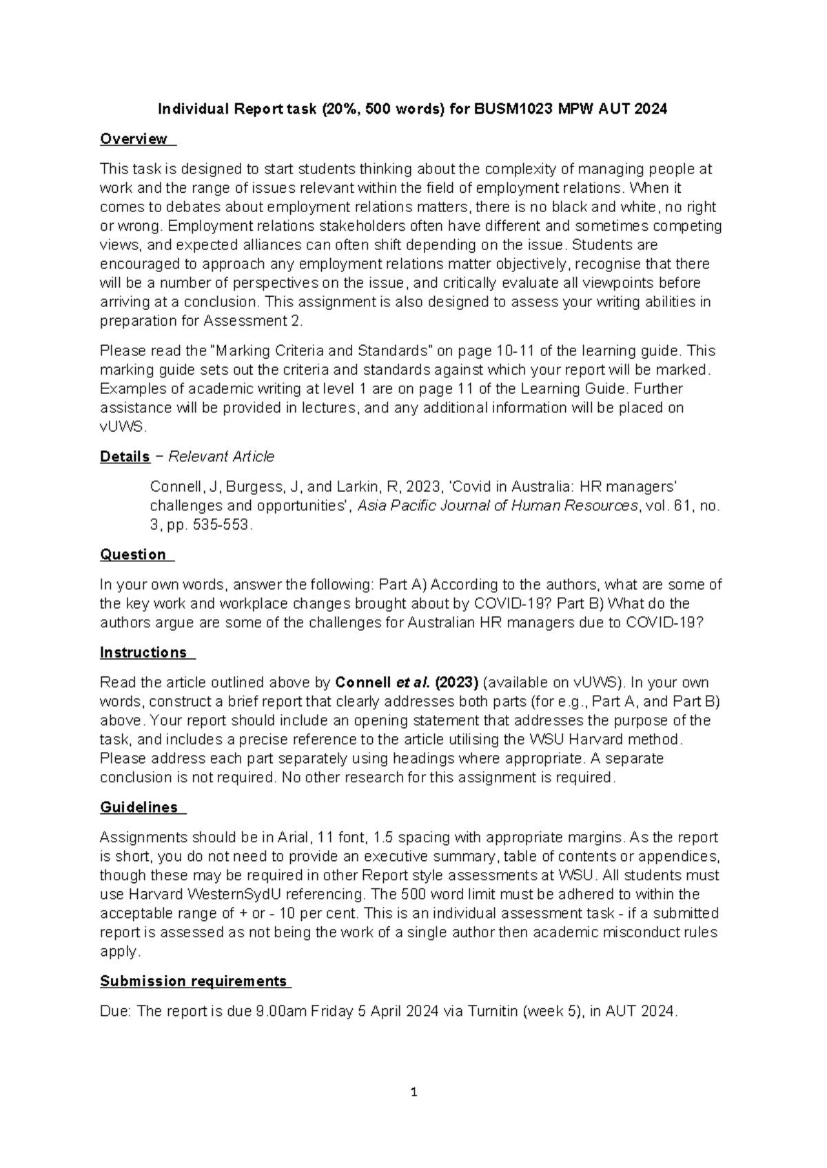 BUSM1023 MPW AUT 2024 - Individual Report on Employment Relations ...