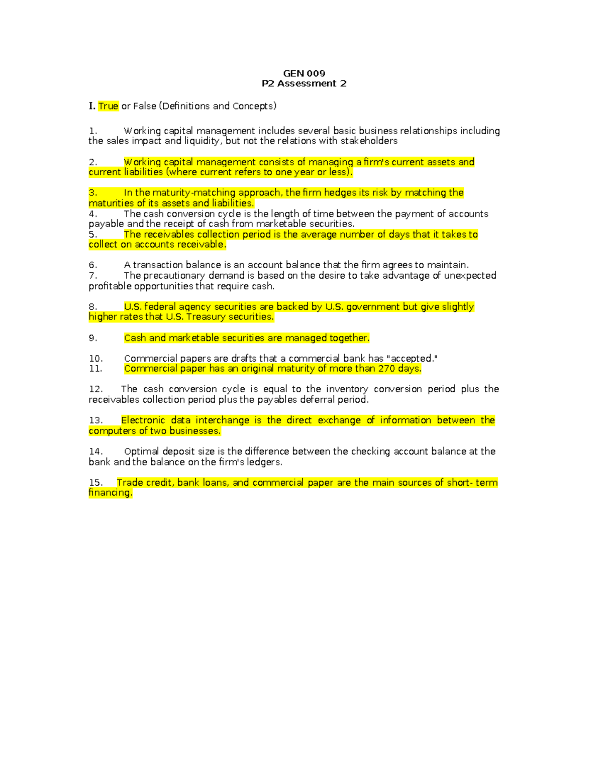 GEN 009 P2 Assessment 2: True/False & Multiple Choice on Working ...