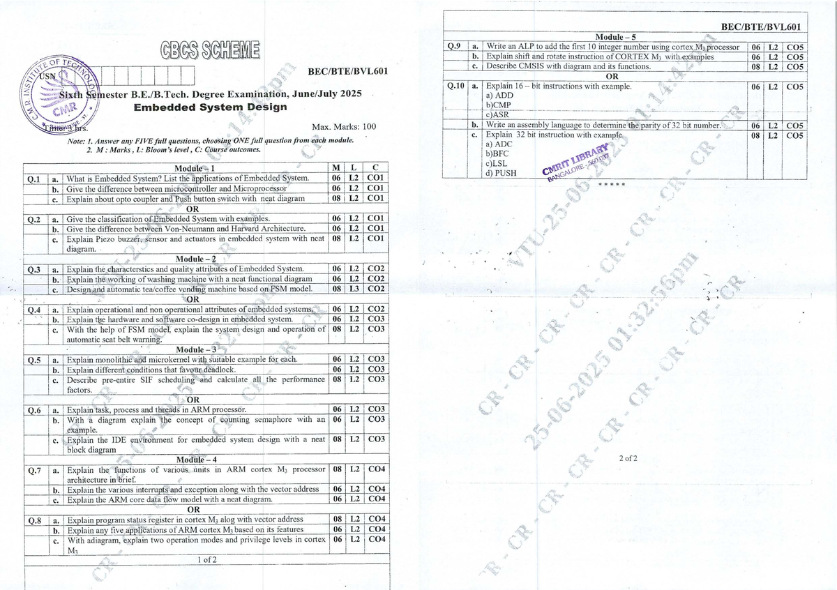 VTU BEC601 Embedded System Design Question Paper June-July 2025 - Studocu