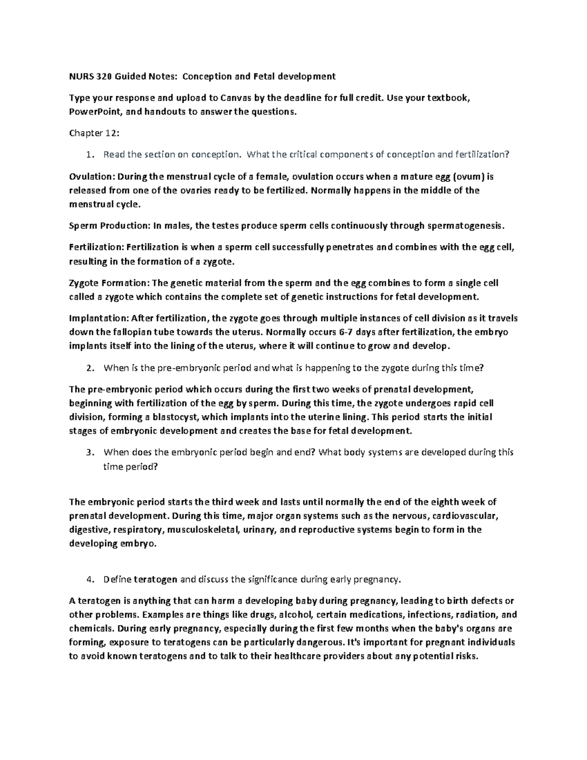 NURS 320 Guided Notes: Conception and Fetal Development Overview - Studocu