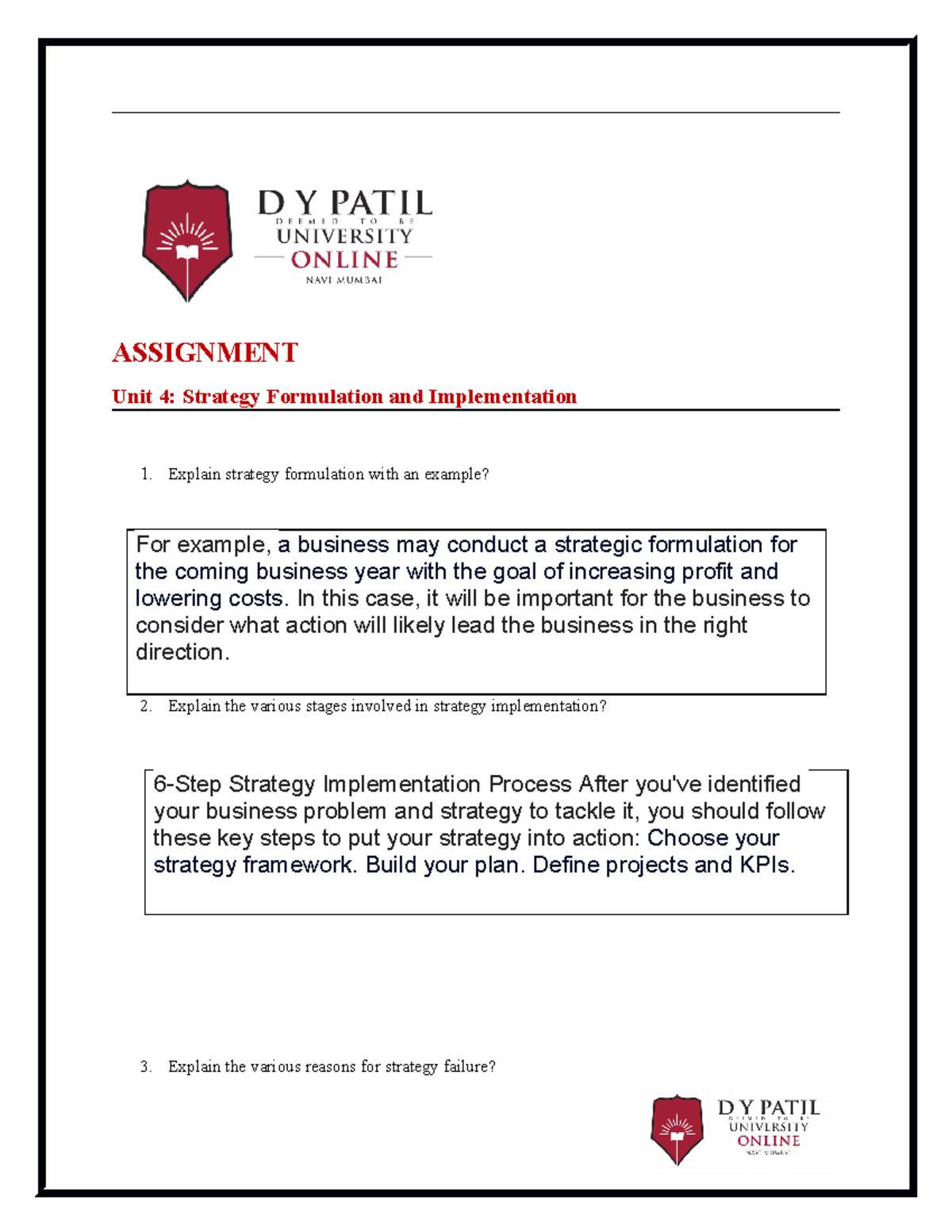Unit 4 Assignment: Strategy Formulation & Implementation Overview - Studocu